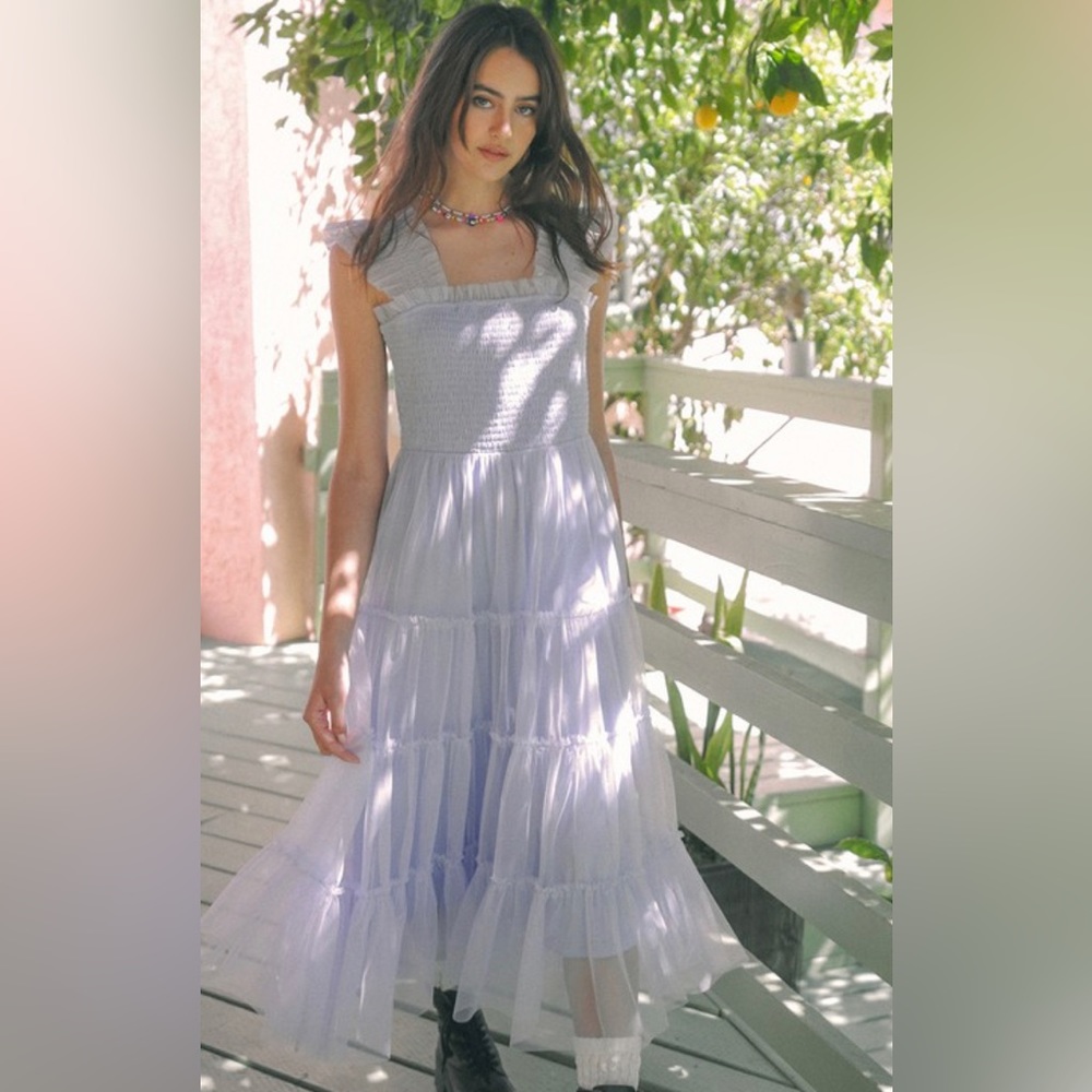 Ethereal blue tiered smocked top tulle dress